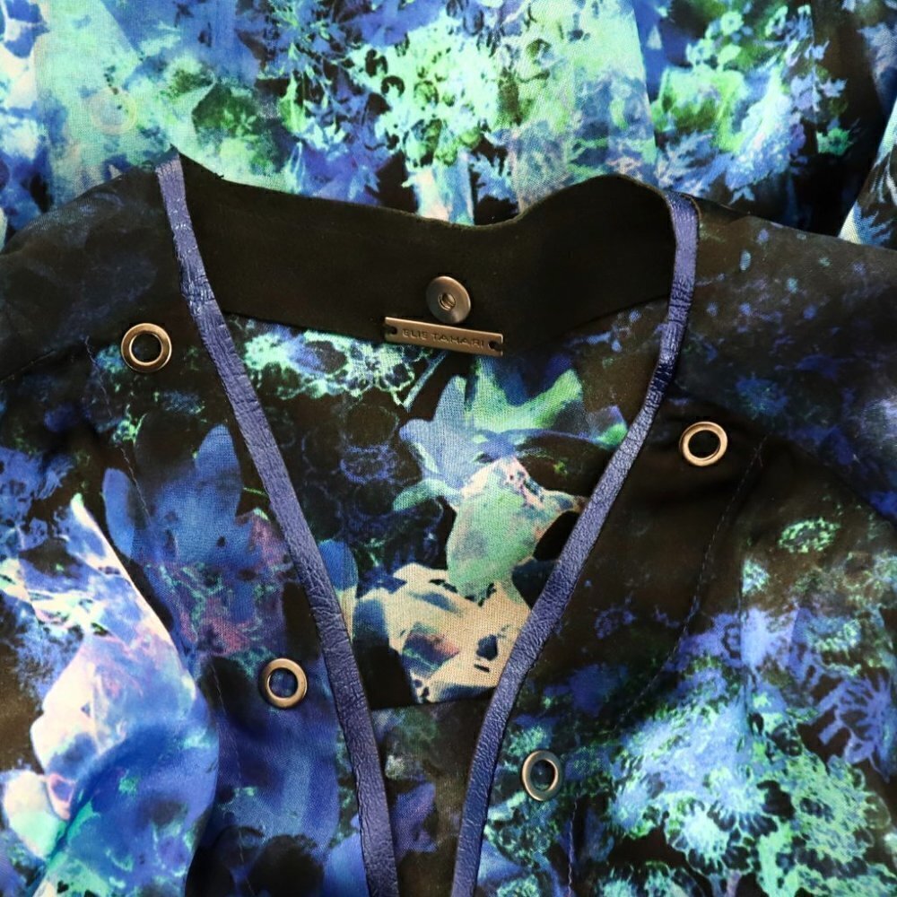 Elie Tahari Lydia Leather Trimmed Floral Snap Front Silk Blue Top Blouse XS - Picture 7 of 7
